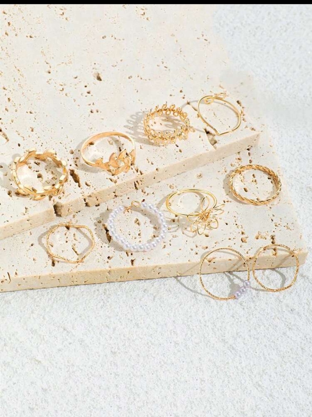 Bohemian Yellow Gold Floral Pearl Ring stack Set viral 🍁 leaf Jewelry 10pc lot - Picture 2 of 4